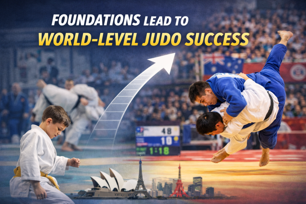 Young judo athlete practicing fundamental two-handed throwing technique, representing the foundations that build world-level judo performance