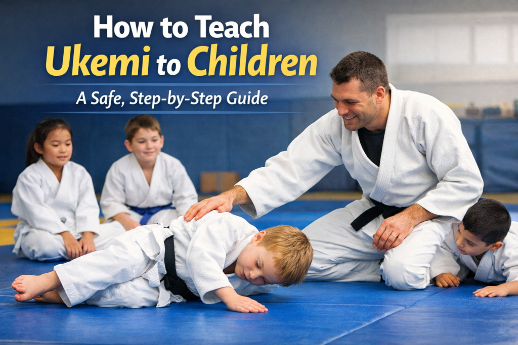 How to Teach Ukemi to Children – judo instructor guiding a young child through a backward breakfall on a blue mat while other children observe in a dojo setting