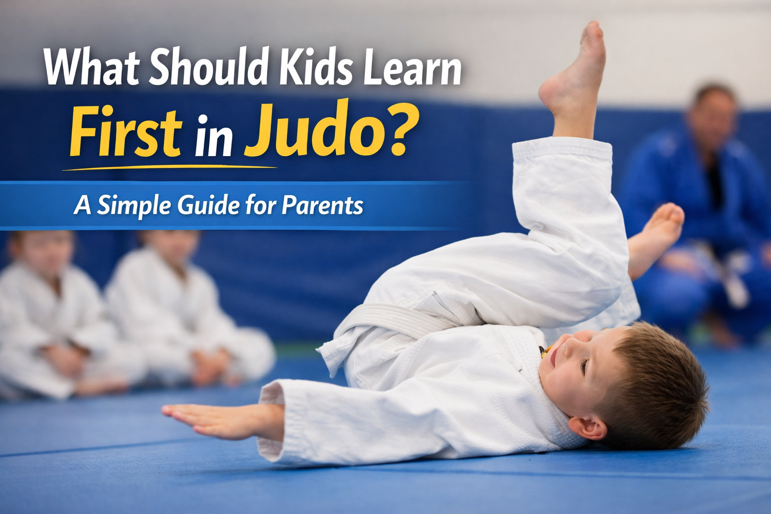 Young child practicing breakfall (ukemi) during a beginner youth judo class