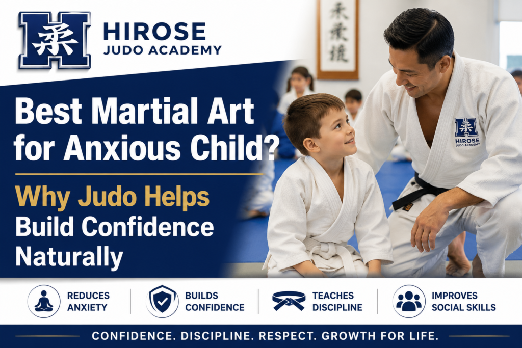 Best martial art for anxious child article banner featuring Hirose Judo Academy logo, a judo coach teaching a young child, and information about how judo helps build confidence, discipline, and social skills for kids