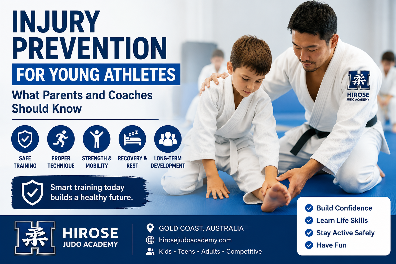 Coach teaching safe movement and stretching to a young judoka at Hirose Judo Academy on the Gold Coast – injury prevention for young athletes featured image