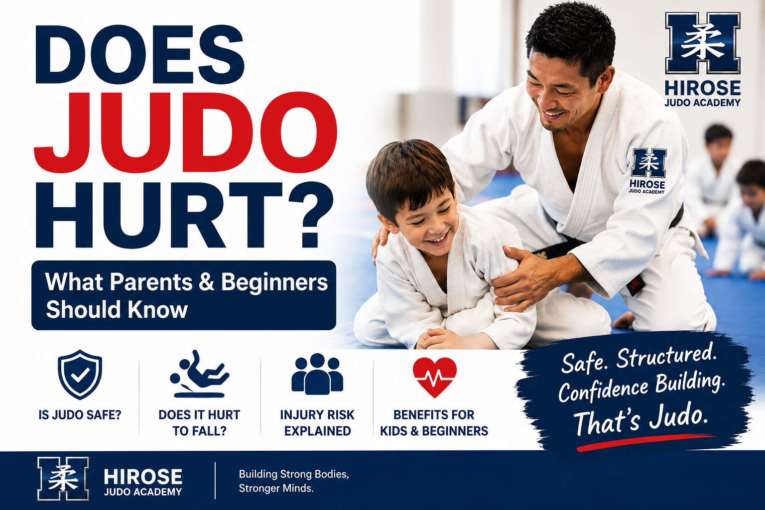 Coach teaching a child safe judo breakfall training at Hirose Judo Academy on the Gold Coast – does judo hurt article featured image